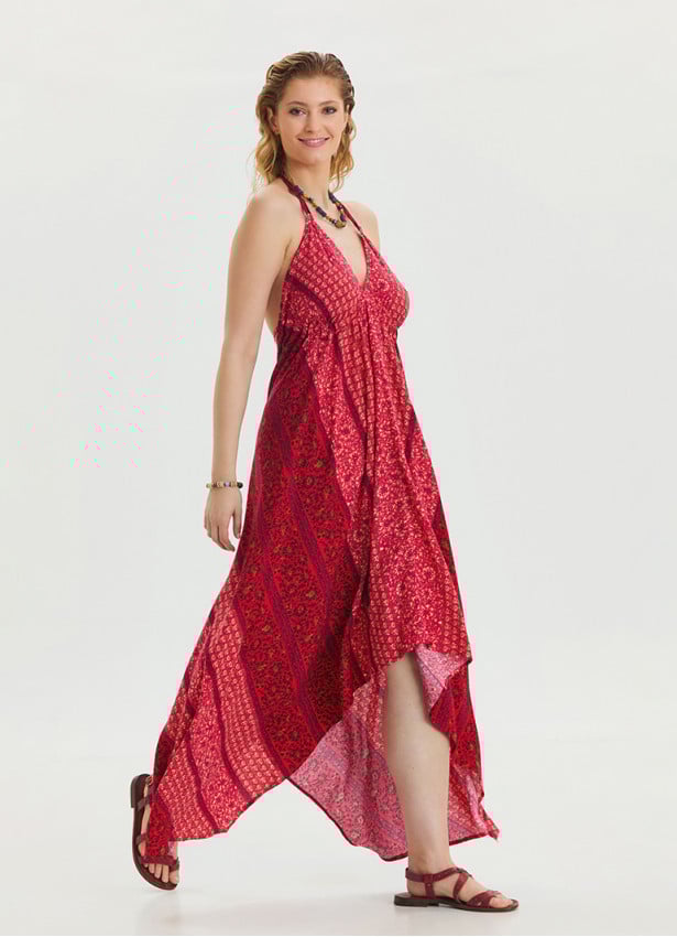 V Neck Backless Halter Neck Coral Floral Dress 4655
